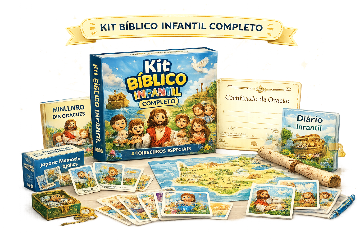 Kit completo: álbum bíblico, figurinhas, jogo da memória, livro de orações, mini livro, mapa, quebra-cabeça, diário, desafio e certificado